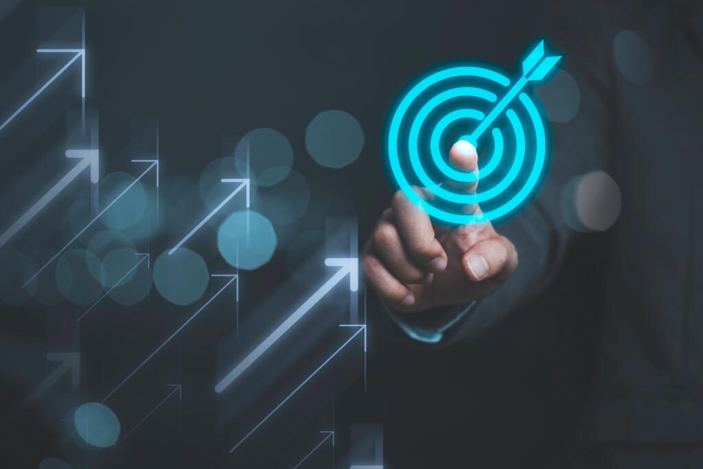 Businessman,Touching,Virtual,Dartboard,With,Arrow,,business,Achievement,Objective,Target